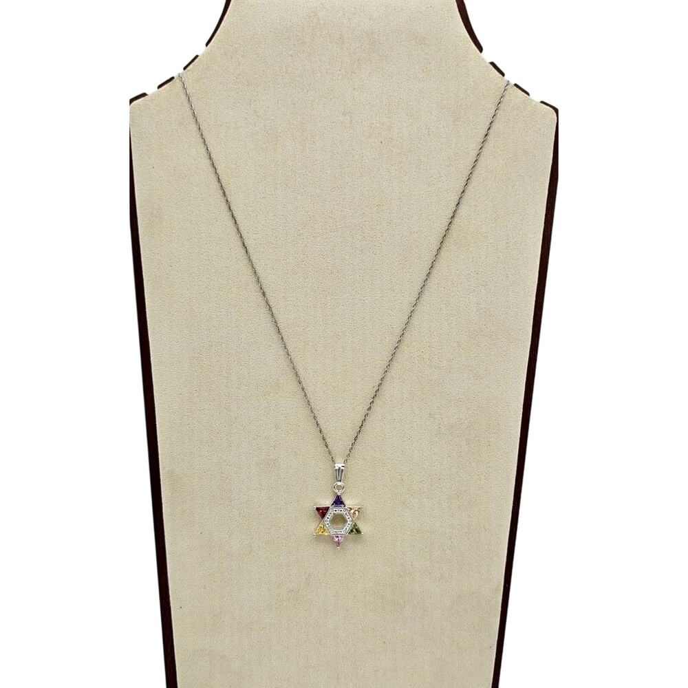 Sterling Silver Jewish Star Of David With Multicolor Stones Pendant Necklace - Picture 3 of 7